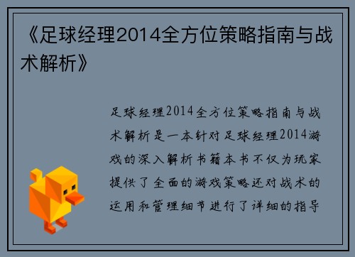 《足球经理2014全方位策略指南与战术解析》