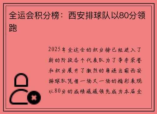 全运会积分榜：西安排球队以80分领跑