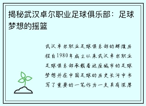 揭秘武汉卓尔职业足球俱乐部：足球梦想的摇篮