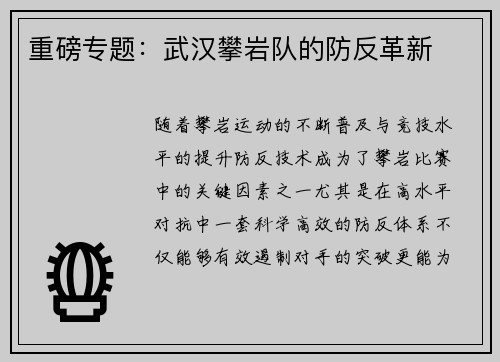 重磅专题：武汉攀岩队的防反革新
