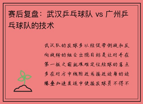 赛后复盘：武汉乒乓球队 vs 广州乒乓球队的技术