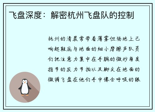飞盘深度：解密杭州飞盘队的控制