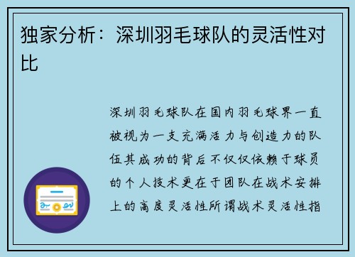 独家分析：深圳羽毛球队的灵活性对比