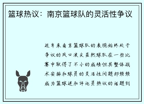 篮球热议：南京篮球队的灵活性争议